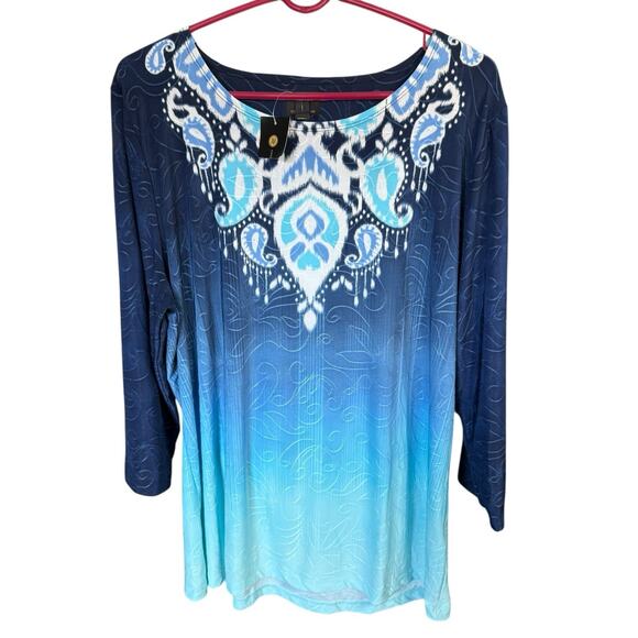 JM Collection Blue Ikat 3/4 Sleeve Top Womens 2XL XXL Blouse Paisley Relaxed NWT - Picture 1 of 9
